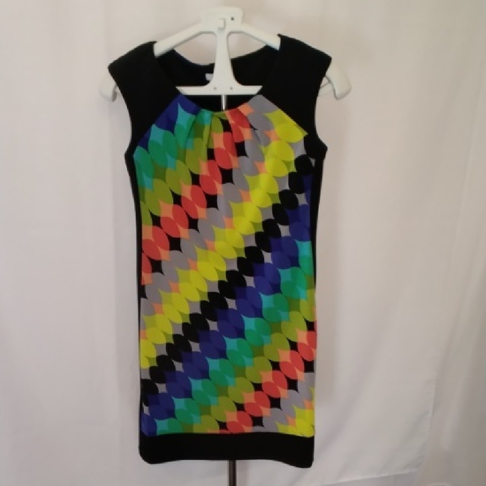 London Times Black Multicolor Geometric Mini Dress